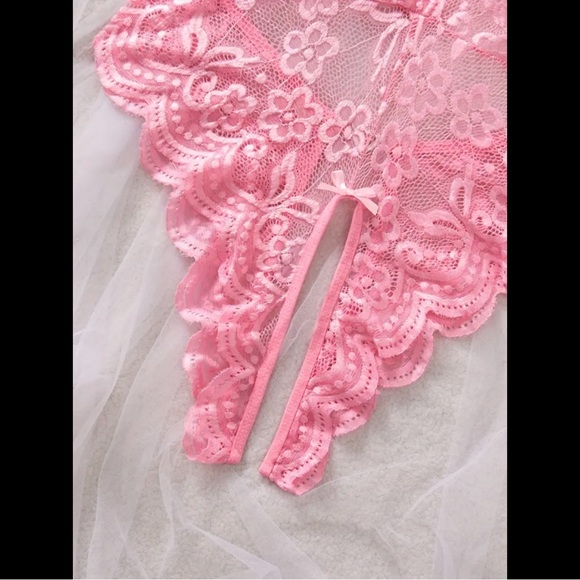 Light Pink & Floral Lace, Crotchless, Lingerie Bodysuit - Picture 8 of 10